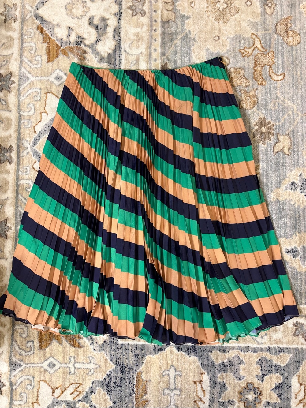 NWT Maeve Anthropologie Pleated Skirt in Green, Navy & Tan Stripes